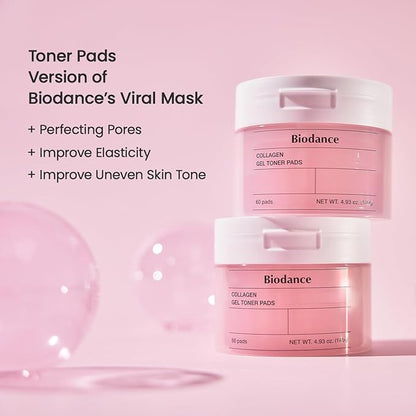 Biodance Collagen Gel Toner Pads, Pore Minimizer for Face, Improving Elasticity, Gentle Exfoliating Korean Toner Pads for Sensitive Skin, 4.93 fl.oz.(140g)*60Pads