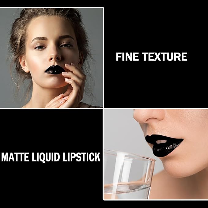 2Pcs Black Matte Lipstick and Lipliner Set,Velvet Liquid Gloss