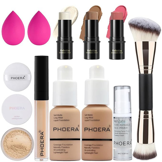 PHOERA Foundation,3 PCS Contour Stick Makeup Kit, Shades Contour/Buff Beige+Sand+#02,#10,#12)