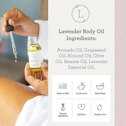 Lizush Lavender Body Oil - 2 oz Natural, Vegan, Non-GMO Moisturizing Bath Oil for Silky Skin with Premium Essential Oils - Handmade in the USA