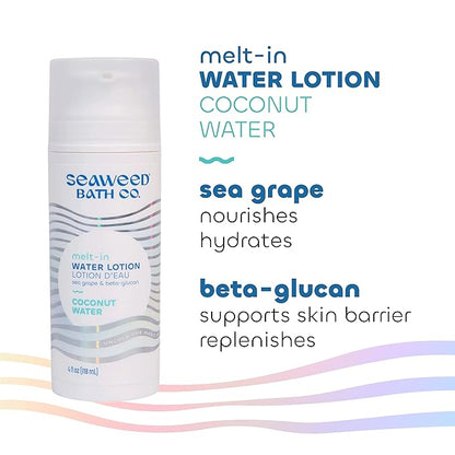 Seaweed Bath Co. Melt-In Water Lotion, Coconut Water Scent, 4 Ounce, Sustainably Harvested Seaweed, Sea Grape, Beta-Glucan