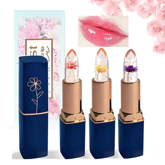 3Pcs Clear Magic Color Jelly Lipstick,Crystal Jelly Flower Color Changing Moisturizing Lip Gloss, Crystal Aloe Vera Lip Balm,Long Lasting PH Clear Temperature Lip Stick