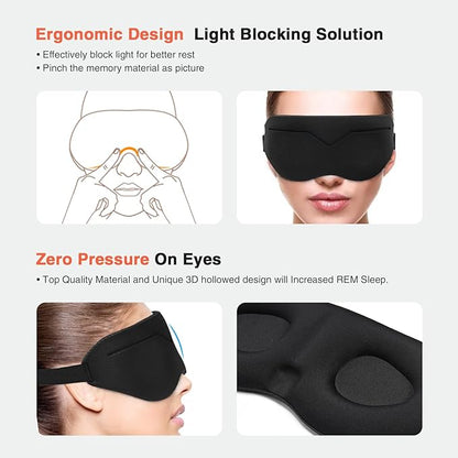 Sleep Eye Mask for Men Women 3D Contoured Cup, Concave Molded, Block Out Light, Molded Soft Comfort Eye Shade with Adjustable Strap (KT-Black, 1 Count (Pack of 1))