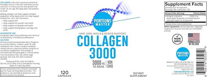 Collagen 3000mg - 120 Capsules, Non GMO, Hair Skin, Nails & Bones Support