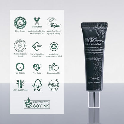 BENTON Fermentation Eye Cream New Version (1.05 oz.) - Galactomyces & Bifida Ferment Anti-Wrinkle Eye Treatment Cream, Dark Circles & Puffiness & Under Eye Bags