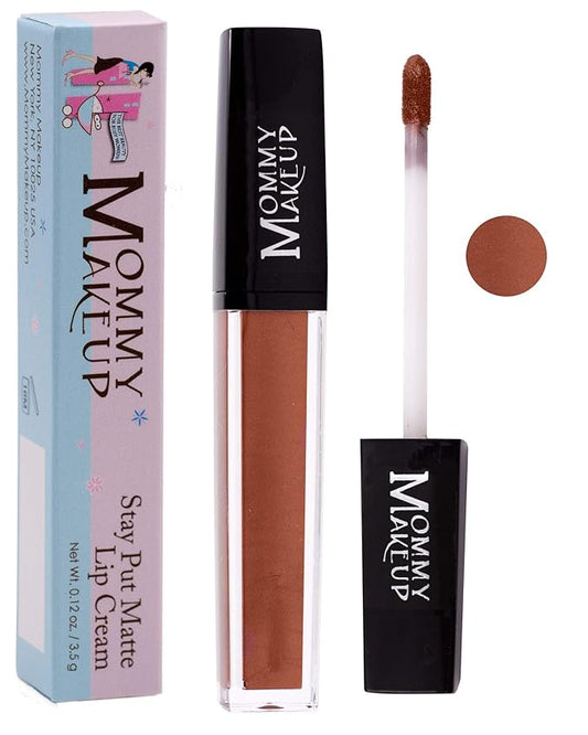 Mommy Makeup Stay Put Matte Lip Cream | Kiss Proof Lipstick in Amber (A Coppery Bronze with Shimmer) Transfer Proof, Smudge Proof, Waterproof, Non Drying, Long Wear Lipstick