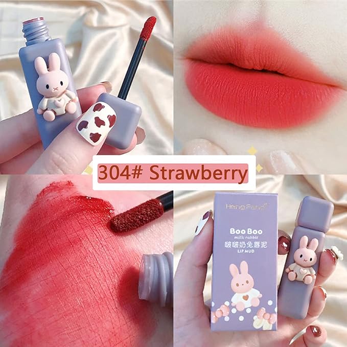 4pcs Bunny Rabbit Flavor Lip Gloss Set for Lips & Cheeks, 4 Colors Matte Velvet Mousse Liquid Lipstick, Soft Lightweight Smooth Lip Mud, Long Lasting Waterproof Lip Makeup Kit