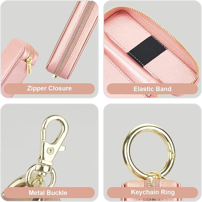 Bocasal Leather Lipstick Case Holder Chapstick Keychain Pouch, Zipper Lip Balm Lip Gloss Bag for Purse with Elastic Band, Makeup Travel Organizer, Cosmetic Storage Kit for Women Girls (Rose Gold)