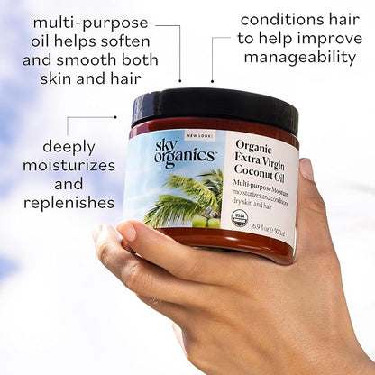 Sky Organics - Organic Extra Virgin Coconut Oil for Skin & Hair, 16.9 fl oz - Multipurpose Hair Oil & Body Moisturizer - Vitamins, Antioxidants & Fatty Acids - Vegan, Cruelty Free - w ebook