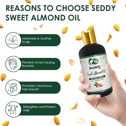 Seddy Sweet Almond Oil - 100% Pure & Natural Carrier Oil for Skin, Face, Hair, Soap Making, Essential Oils & Aromatherapy - Premium Moisturizer & Softener, Hexane-Free - 8 Fl. Oz