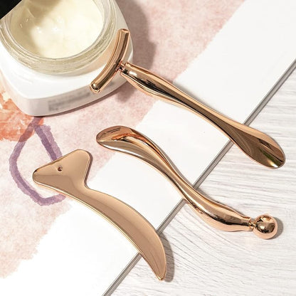 KOIBITO 3 PCAK Cooling Metal Facial Massage Stick, Eye Cream Applicator Wand, Gua Sha Scraping Tool Set, Reduce Puffiness Skin Firming and Lifting (Rose Gold)