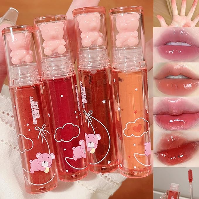 4Pcs Bear Lip Glaze Hydrating Jelly Lip Gloss,Jelly Glaze