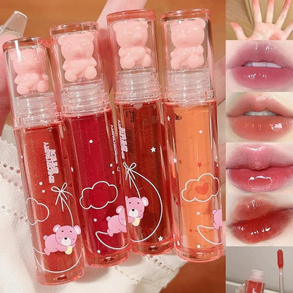 4Pcs Bear Lip Glaze Hydrating Jelly Lip Gloss,Jelly Glaze