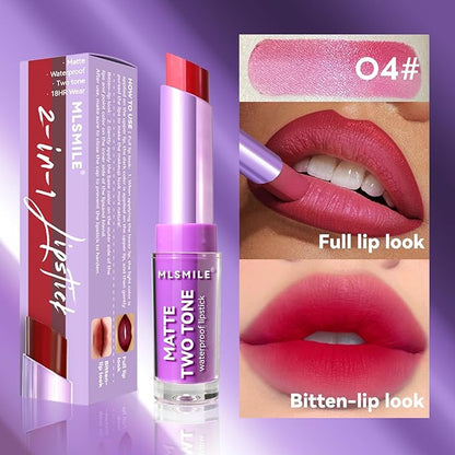 Pink Lip Gloss Two Tone Matte Lipstick, Long Lasting Moisturize Non-Sticky Bitten Lip-look Lip Makeup, Silk Finish Matte Lipstick, High Pigment 2 In1 Two-Tone Lip Waterproof Lipstick for Women (#04)
