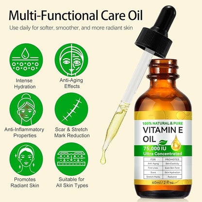 Vitamin E Oil, 75000 IU Ultra Concentrated, 100% Natural Body Oil Moisturizing Dry Skin, Pure Vitamin E Oil for Skin, Scars, Face, Hair, Nails, Hexane-Free, Non-GMO, 2 Fl Oz