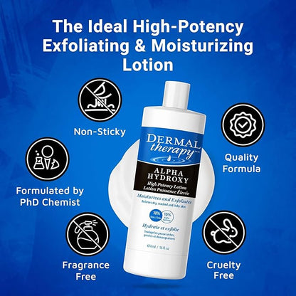 Dermal Therapy Alpha Hydroxy Lotion - High Potency AHA Exfoliating Moisturizer for Dry, Scaly Skin - 10% Lactic Acid & 10% Urea Lotion - Remove Skin Flakes - Fragrance-Free - 16 fl oz / 474 ml