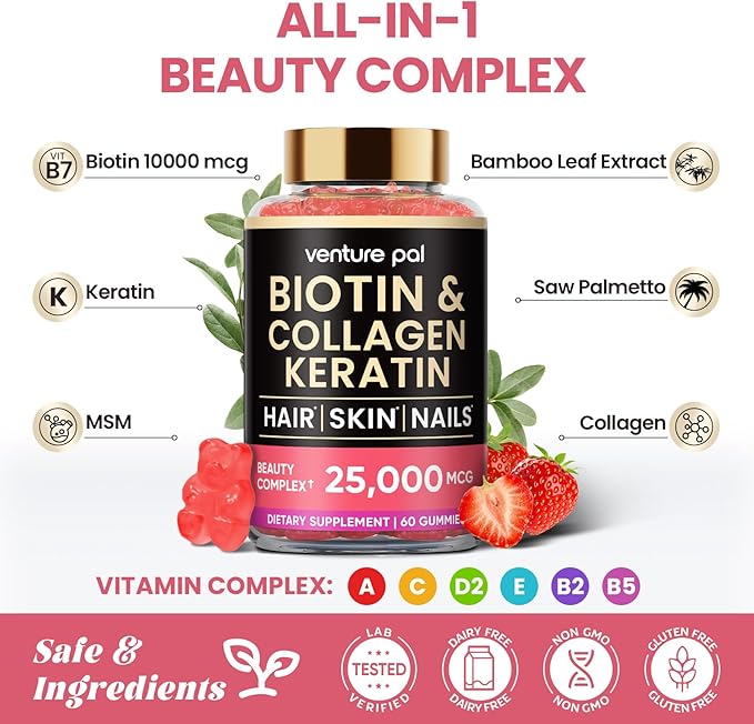 Venture Pal Mushroom Powder & Biotin Gummies Bundle -16 Mushroom Adaptogen Blend with Ashwagandha & Lion's Mane (90 Servings) + Biotin Gummies with Collagen & Keratin (60 Ct)
