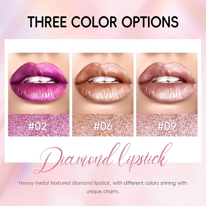 Metallic Pink Lipstick Long Lasting, High Shine Glitter Long