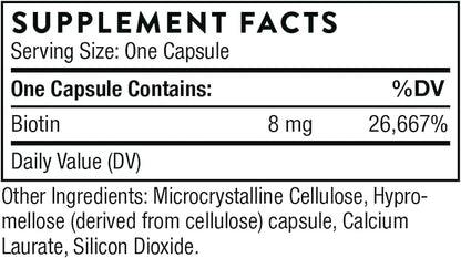 THORNE Biotin 8 - Vitamin B7 (Biotin) for Healthy Hair, Nails, and Skin* - 60 Capsules