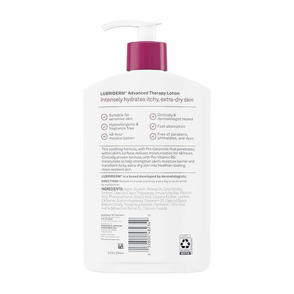 Lubriderm Advanced Therapy Fragrance Free Moisturizing Hand & Body Lotion + Pro-Ceramide with Vitamins E & Pro-Vitamin B5, Intense Hydration for Itchy, Extra Dry Skin, Non-Greasy, 16 fl. oz