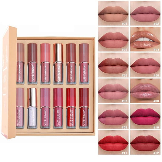 12 Colors Matte Liquid Lipstick Set, Shiny Smooth Soft Liquid Velvet Lipstick Set, Non-stick Cup, Not Fade, Waterproof, Long Lasting, Lip Gloss Set for Women Makeup Kit