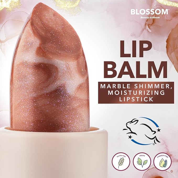 Blossom Marble Shimmer Lip Balm Moisturizing Lipstick with Shea Butter, Jojoba, Olive Oil, 0.12oz/3.5g, Desert Sand