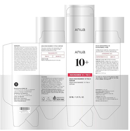 ANUA Niacinamide 10 + TXA 4 Serum, Hyaluronic Acid, Tranexamic acid, Vitamin B12, Facial Serum for Glass Skin, Clarifying, Radiant Complexion with Natural Color, Korean Skin Care (30ml /1.01 fl.oz)