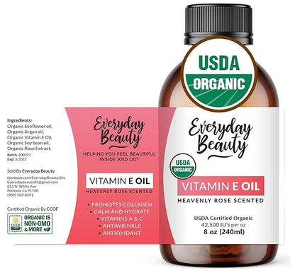 Organic Vitamin E Oil - Heavenly Rose Scented USDA Certified 100% All Natural Plant Based 8oz - Light and Rose Scented Great for Scars After Surgery - For Face, Skin and Nails