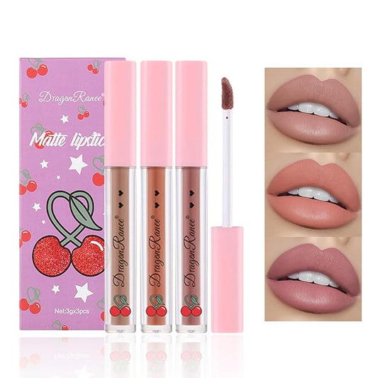 3PCS Matte Nude Lipstick Set Liquid Lipstick Lip Gloss Set,Matte Velvety Lip Stick High Pigmented Lip Tint Lip Stain Set for Daily Makeups - Set D