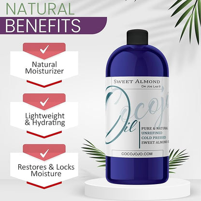 Dr Joe Lab Sweet Almond Oil for Hair, Sweet Almond Oil for Skin, Body, Nails, Pure Natural Cold Pressed Unrefined Extra Virgin Moisturizes & Nourishes - 32 Fl Oz - Packaging May Vary