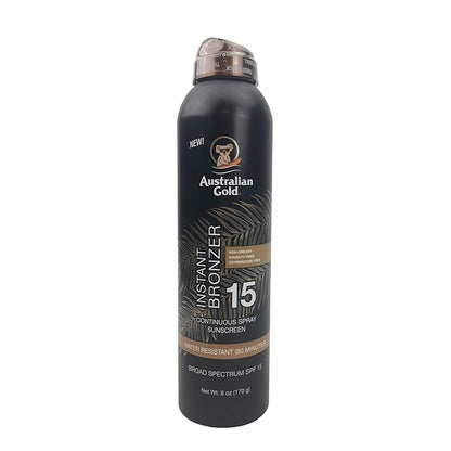 Australian Gold Continuous Spray Sunscreen with Instant Bronzer SPF 15, Immediate Glow & Dries Fast, Broad Spectrum, Water Resistant, Non-Greasy, Oxybenzone Free, Cruelty Free, 6 Ounce