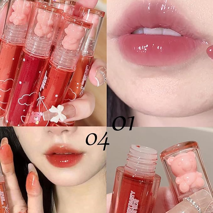 4Pcs Bear Lip Glaze Hydrating Jelly Lip Gloss,Jelly Glaze