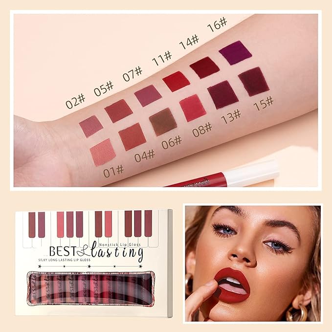 12PCS Matte Liquid Lipstick Set Non-Stick Cup and Not Fade Pigmented Lipstick Long-Lasting Waterproof Velvet Lipgloss Kit Makeup Gift for Girls and Women (Set 01)
