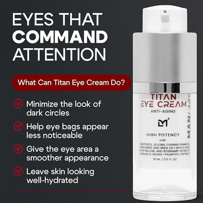 Titan Mens Eye Cream Anti Aging Bags & Dark Circle - Eye Bags Treatment for Men, High Potency Wrinkle Cream for Men, Herbal Extracts, Peptides for All Skin Types - Unscented, 0.5 Fl Oz