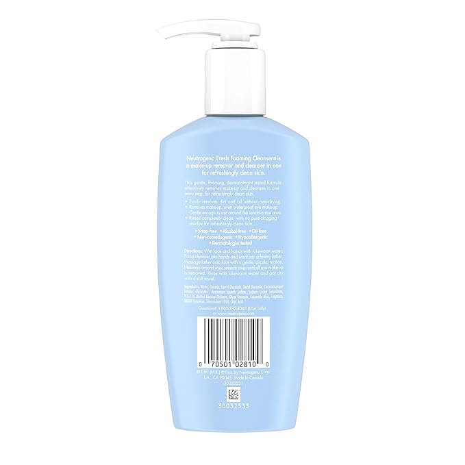 Neutrogena Fresh Foaming Gentle Daily Facial Cleanser & Makeup Remover, Soap Free, Removes Dirt, Oil & Waterproof Makeup, Non-Comedogenic & Hypoallergenic, 6.7 fl. oz