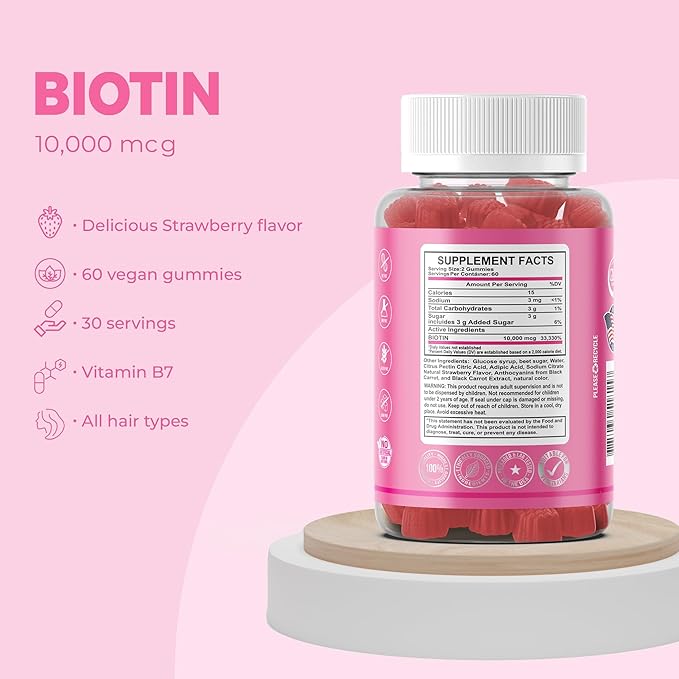 MB One Biotin Gummies-High Potency-Healthy Hair, Skin and Nails Strengthening, Vitamin B7, (10000 Mcg) Non-GMO, Pectin Plant Based, for Kids and Adult, Strawberry Natural Flavor 2 Pack