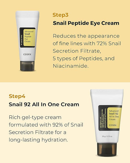 COSRX All About Snail Mucin Korean Skin Care Set, Mini Travel Essentials, Mothers Day Gifts for Mom, Travel Size Gift Set with Snail Mucin Face Wash, Serum, Moisturizer & Eye Cream, Rejuvenating Kit