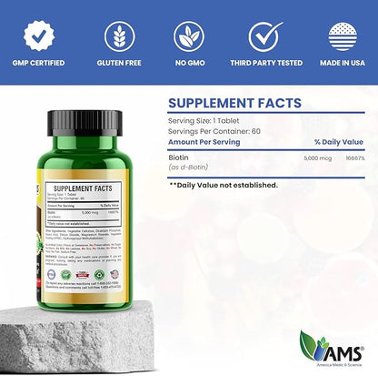 America Medic & Science High Potency Biotin 5,000 mcg | Vitamin B7 Dietary Supplement for Men and Women | Hair Growth Support | for Healthy Skin, Nails, and Metabolism