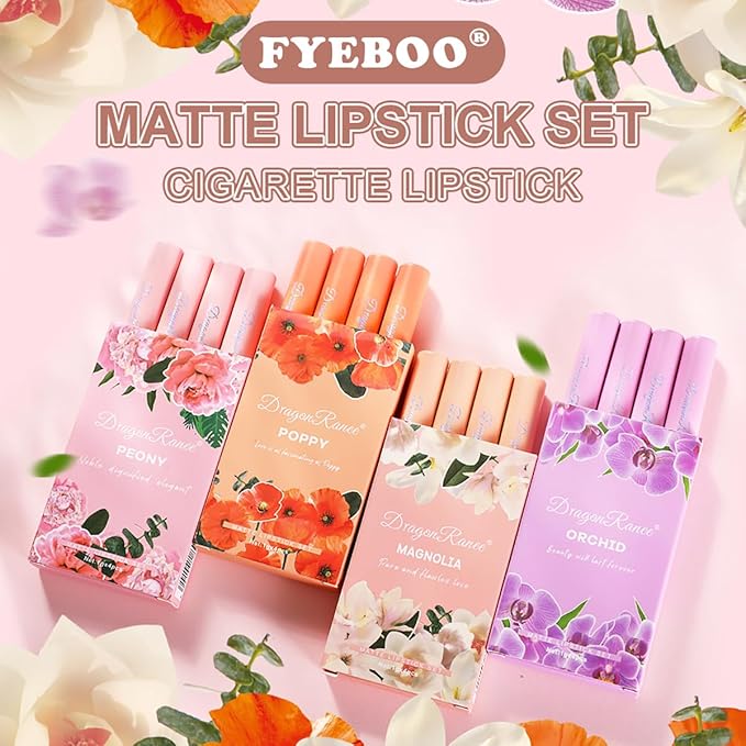 4 Colors Tube Cigarette Lipstick Set, Mate Velvet Lipstick Moisturizer & Smooth, Red Lip Stain Long Lasting 24 Hours Waterproof Lip Tinet (Set B)