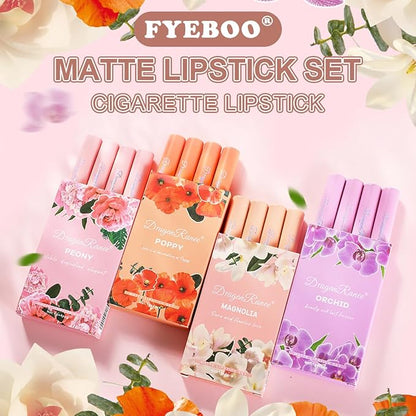 4 Colors Tube Cigarette Lipstick Set, Mate Velvet Lipstick Moisturizer & Smooth, Red Lip Stain Long Lasting 24 Hours Waterproof Lip Tinet (Set B)