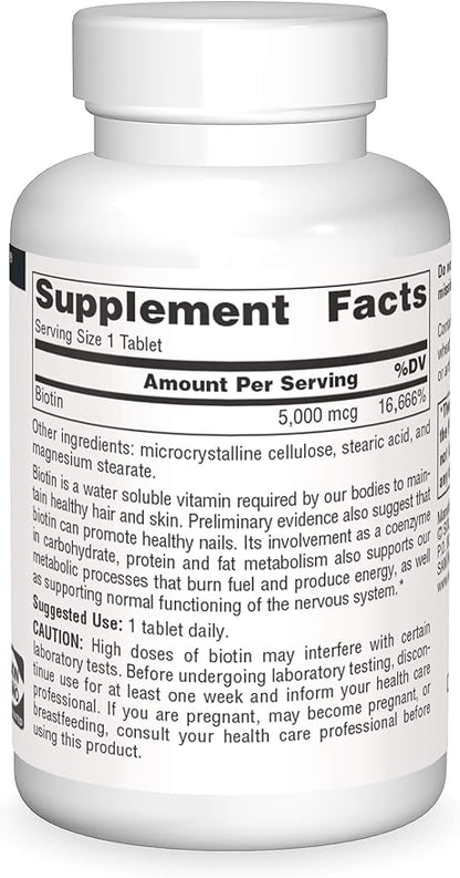 Source Naturals Biotin 5,000mcg High Potency B Vitamin Nutrients Support Healthy Hair, Skin & Nails - Maximum Strength Biotin Deficiency Supplement - 200 Tablets