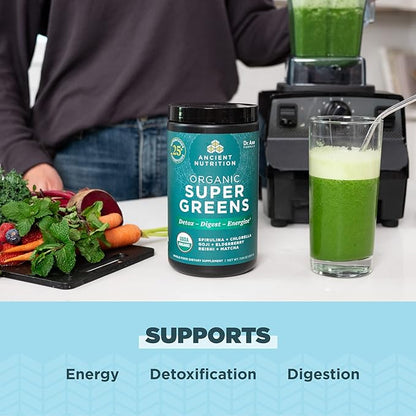 Ancient Nutrition Organic Supergreens Powder, Greens Flavor, 25 Servings + Multi Collagen Protein Powder, Strawberry Lemonade, 24 Servings