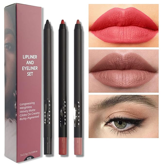 MAEPEOR Matte Lipliner and Eyeliner Kit 3 PCS Smoothly Creamy Lipliner and Eyeliner Pen Set for Daily Wear (3PCS Kit 6)