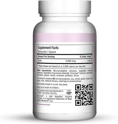 Maxi Health Biotin 5000 mcg – Hair Growth Supplement for Health and Beauty – Hair, Skin & Nails Vitamins – 120 Vegetable Capsules
