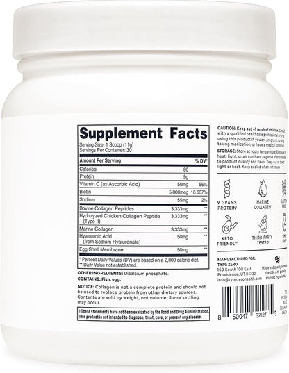 Type Zero Multi Collagen Powder 30 Servings (Unflavored) - Types I, II, III, V, & X Collagen Peptides + Hyaluronic Acid, VIT C, Biotin