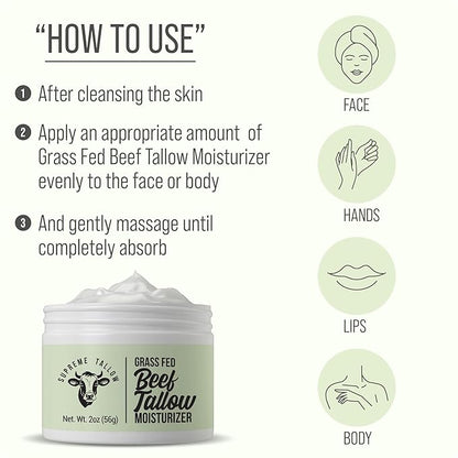 Supreme Grass Fed Beef Tallow Moisturizer For Sensitive Skin. Unscented Ultra High Purity Whipped Tallow Balm. 2-In-1 Face Cream And Body Lotion For Dry, Damaged, Or Sensitive Skin Care.