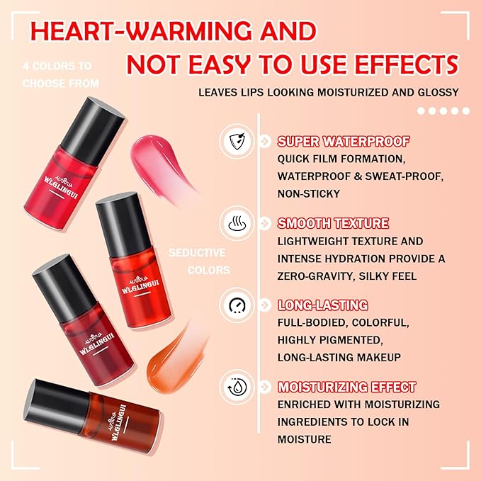 4 Colors Lip Tint Stain Set,Moisturizing Mini Liquid Set,Moisturizing
