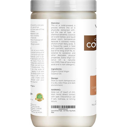 Velona USDA Certified Organic Coconut Oil Extra Virgin - 32 fl oz | Food and Cosmetic Grade | in jar | Extra Virgin, Cold Pressed