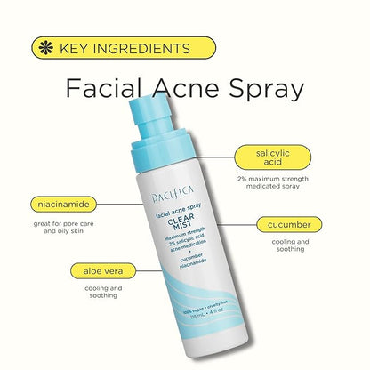 Pacifica Facial Spray for Acne Treatment - Clear Face Mist Acne Spray w/ 2% Salicylic Acid Niacinamide & Aloe - Acne Cleanser - Targets Bacteria for Teens & Adults Vegan Clean Dermatologist Tested