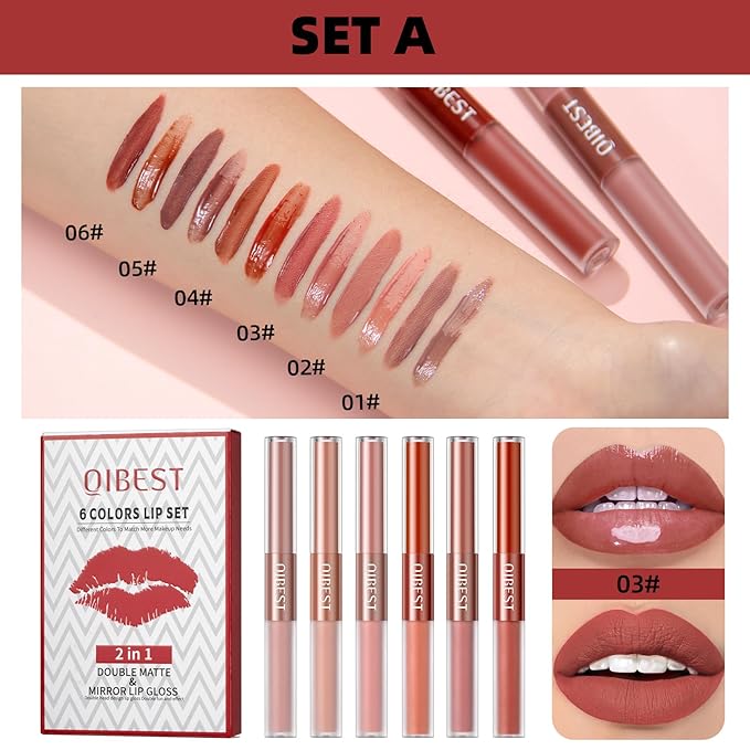 Rechoo 2in1 Lipstick Set, 6pcs Double-head Matte Glossy